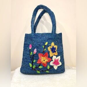 Handmade Floral Embroidered Raffia Tote Bag